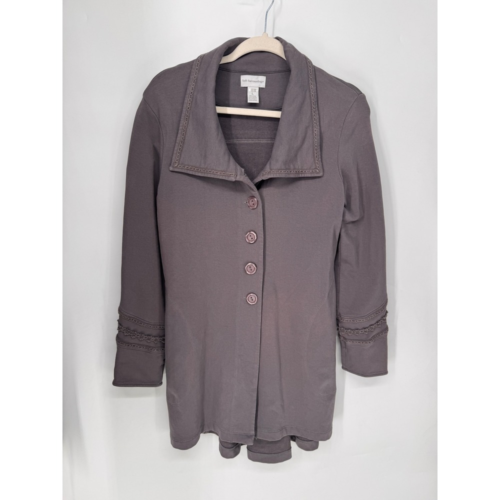 Soft Surroundings Jacket Women L Purple Taupe EUC Lace Trim Knit Longline Button